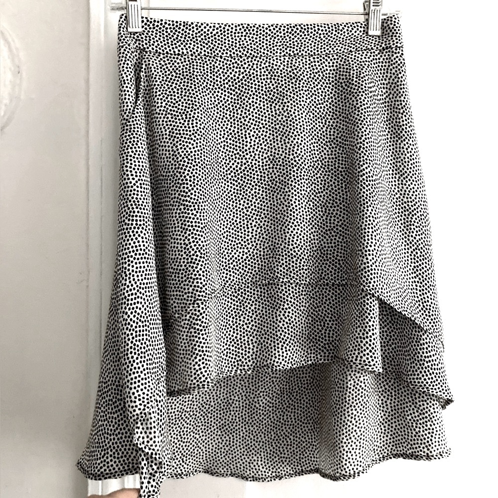 Kelly Wearstler Silk Tiered Hi-Lo Skirt White to Ivory With Black Dot Print Med